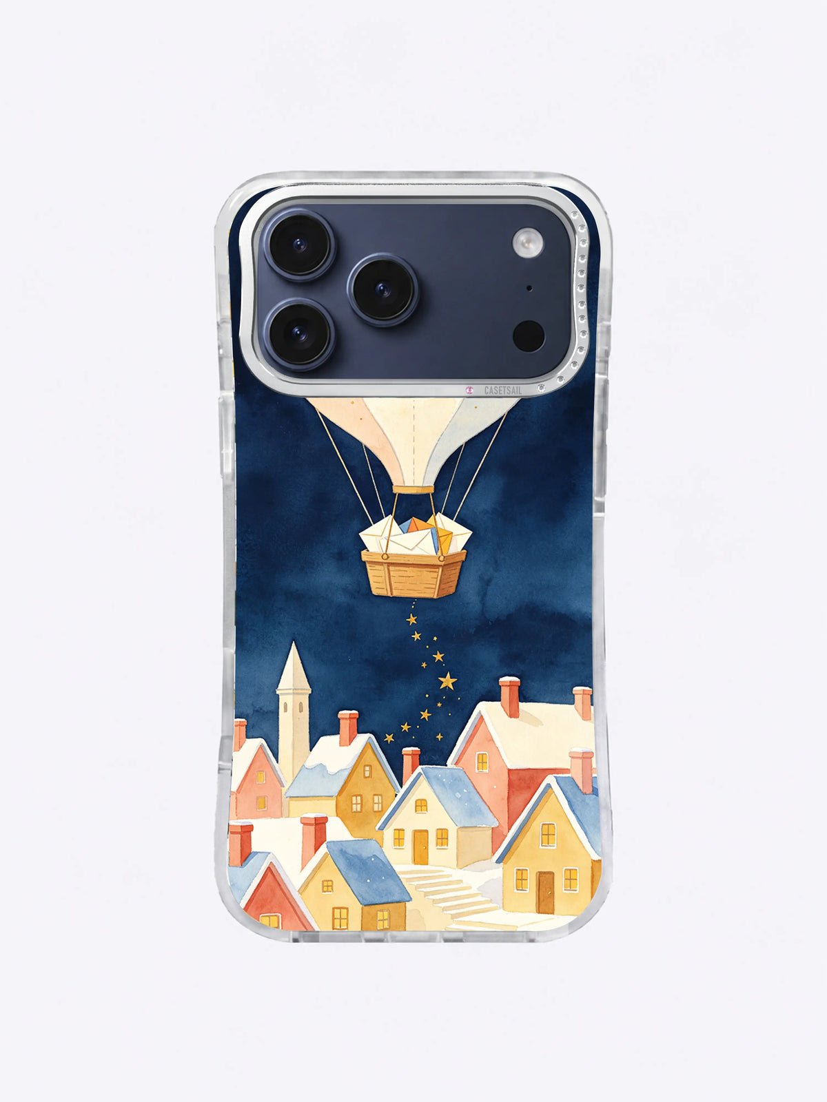 Winter mail balloon iPhone case pattern above mustard, coral and ivory village houses