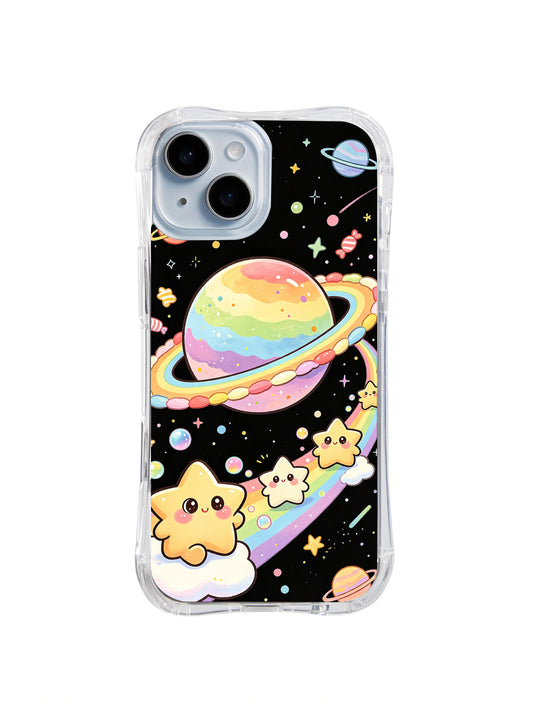 Rainbow Ice Cream Orbit: Gökkuşağı renkli top halka biçimli gezegen oluşturur; gülümseyen yıldız dostlar bulutlarda yörüngede döner.
