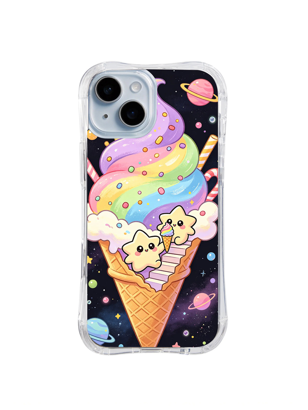 Rainbow Soft Serve Tower: Tall rainbow soft serve rises from a cone between smiling stars and planets.