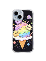 Star Friends Ice Cream: Smiling star friends gather around pastel scoops in a cone beneath planets and sparkles.
