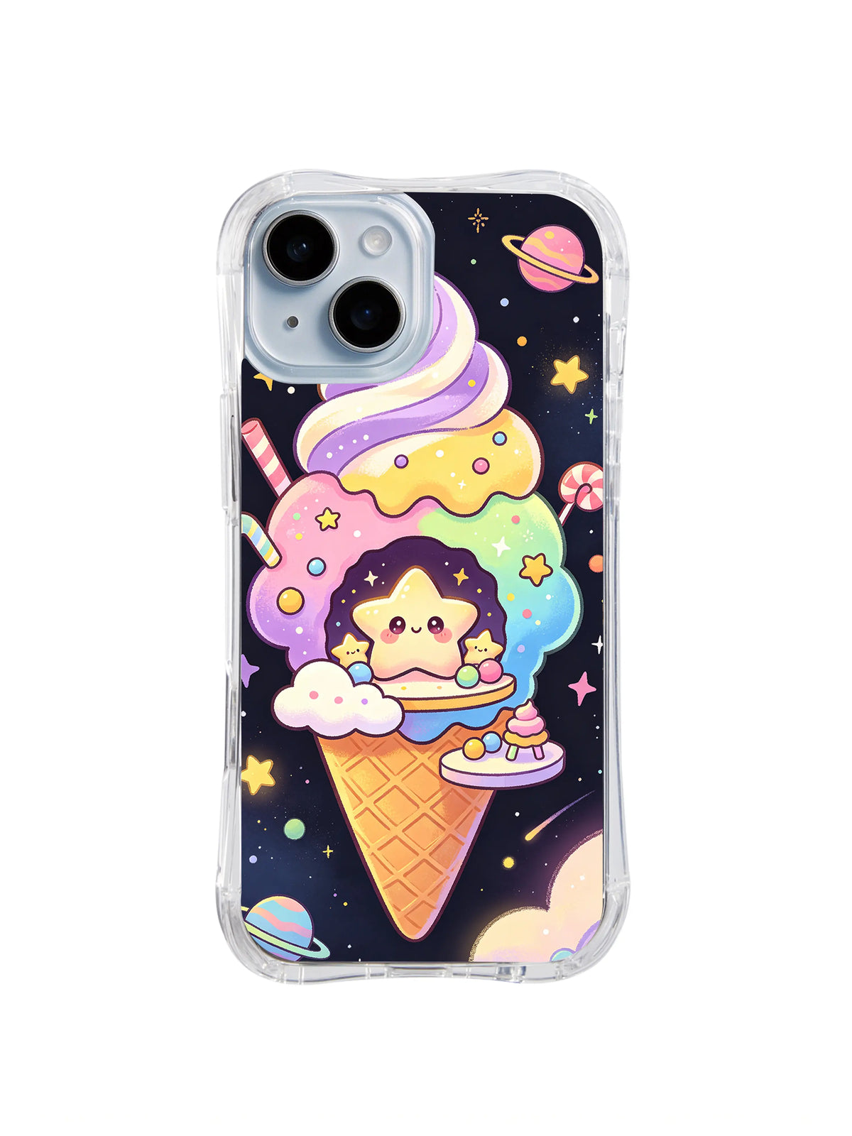 Star Sundae Galaxy: A smiling star enjoys a pastel sundae shaped like an ice-cream planet.