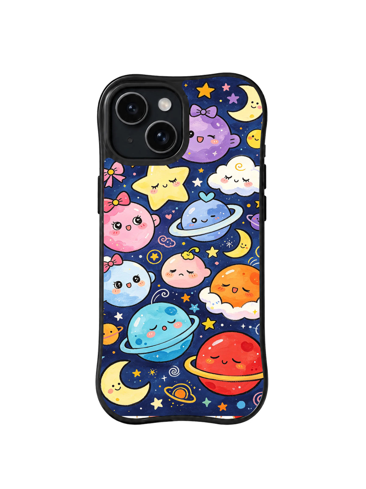 Ribbon Planet Dreamscape: Smiling pastel stars, clouds, planets and crescents with small bows float on navy.