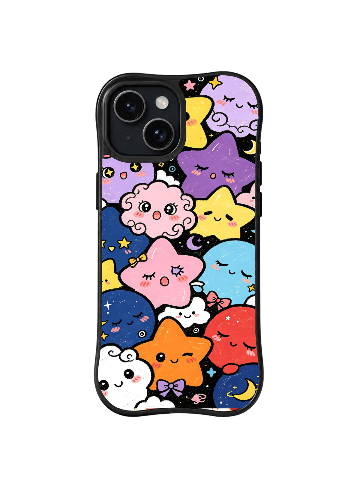 Pastel Star Wish Club: Large smiling stars, clouds and crescent moons in pink, yellow, blue, purple and orange gather on navy.