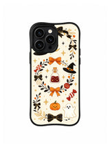 Star Witch Sweet Shelf iPhone 14 Pro case front view with Halloween bows pumpkins stars and friendly ghosts