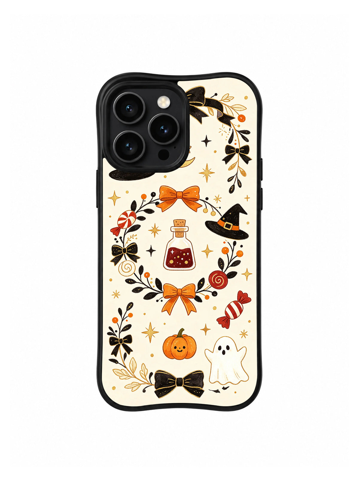 Star Witch Sweet Shelf iPhone 14 Pro case front view with Halloween bows pumpkins stars and friendly ghosts