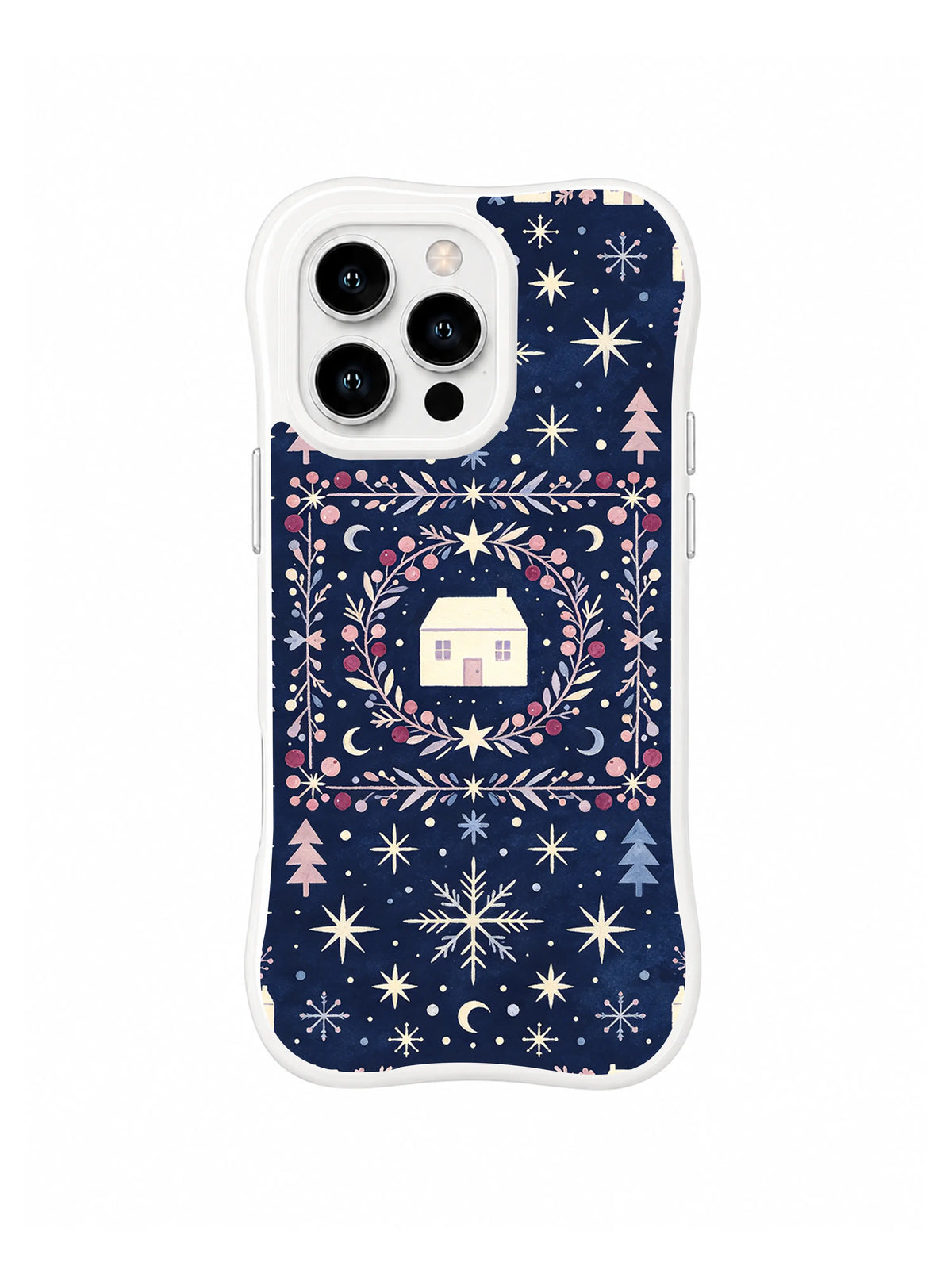 Small ivory cabin inside a square starberry branch wreath with snowflakes and fir trees on indigo iPhone 13 Pro case