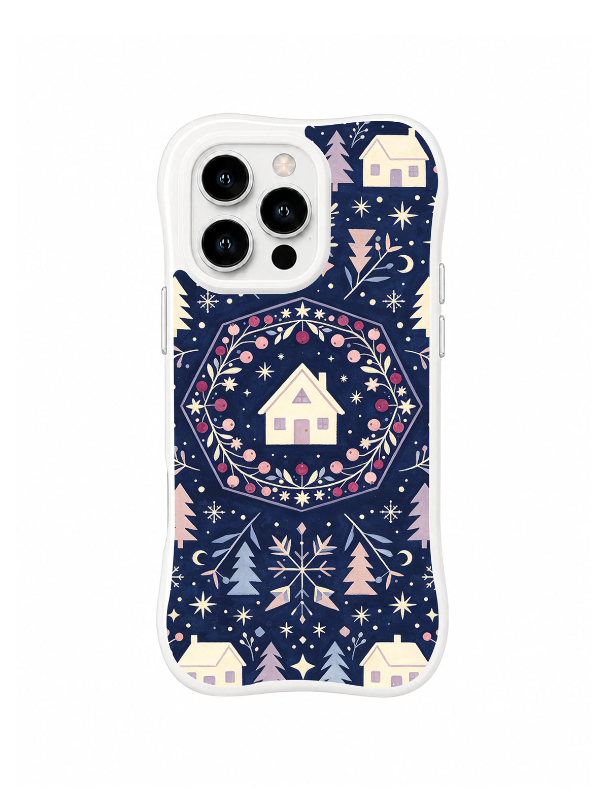 Small cream house centered in a circular starberry medallion above a winter village on indigo iPhone 13 Pro case