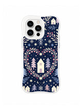 Tall ivory chapel inside a heart-shaped starberry wreath with fir trees and snowy village border on indigo iPhone 13 Pro case