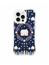 Cream cabin inside a round starberry wreath beneath moons stars and a small village skyline on indigo iPhone 13 Pro case