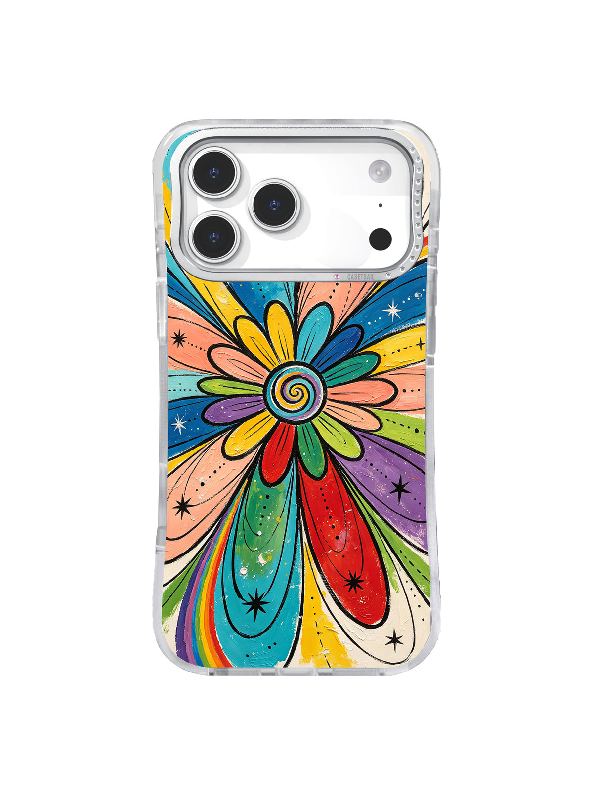 Cosmic Petal Pathways: Long multicolor petals and tiny star marks surround an orange spiral.