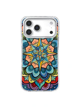 Ornate Celestial Bloom: Layered turquoise, orange and yellow petals form a dense symmetrical bloom.