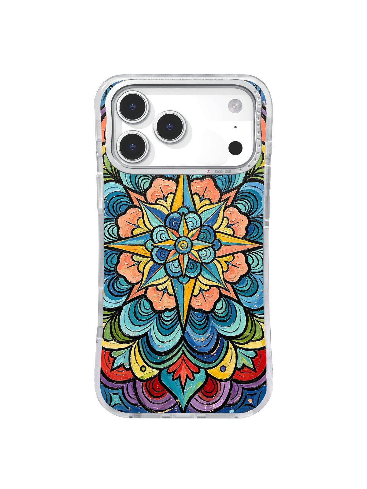 Ornate Celestial Bloom: Layered turquoise, orange and yellow petals form a dense symmetrical bloom.