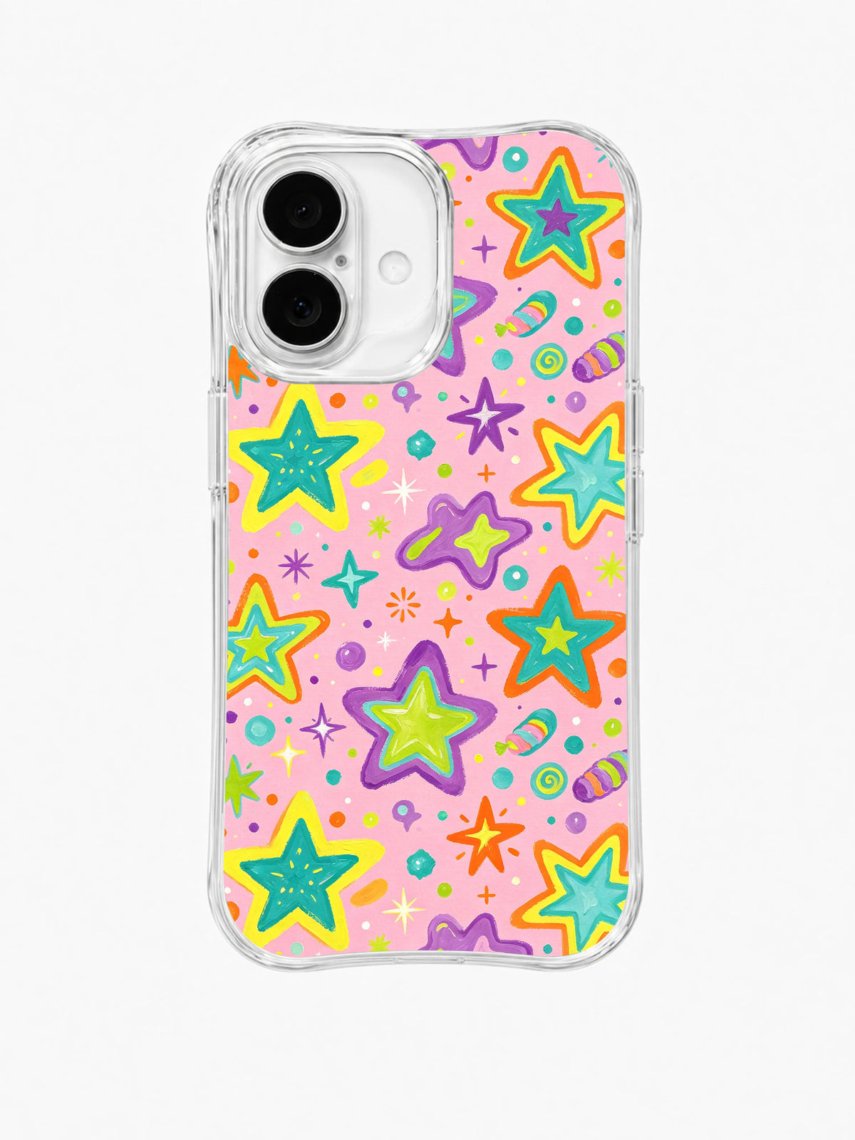 Candy Outline Stars: Large outlined stars repeat with sweets, flowers and small sparkles on pink.