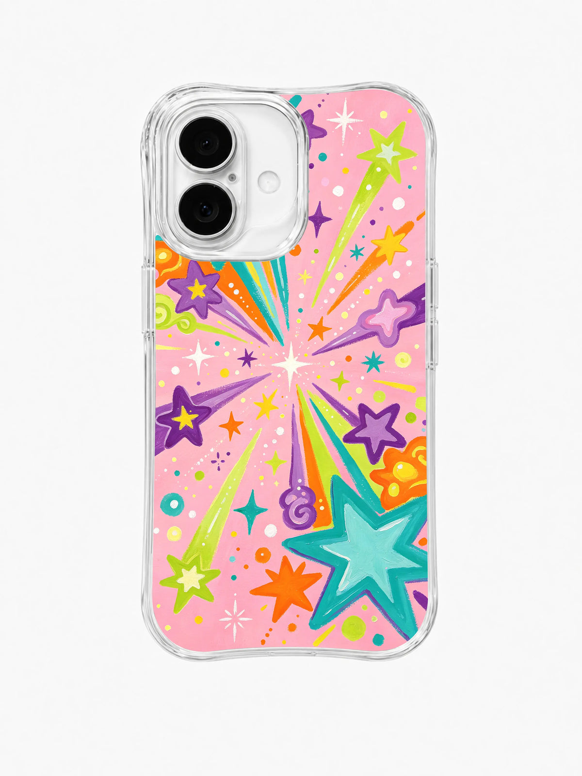 Candy Starburst Comets: Rainbow starburst rays and comet shapes spread among pastel stars.