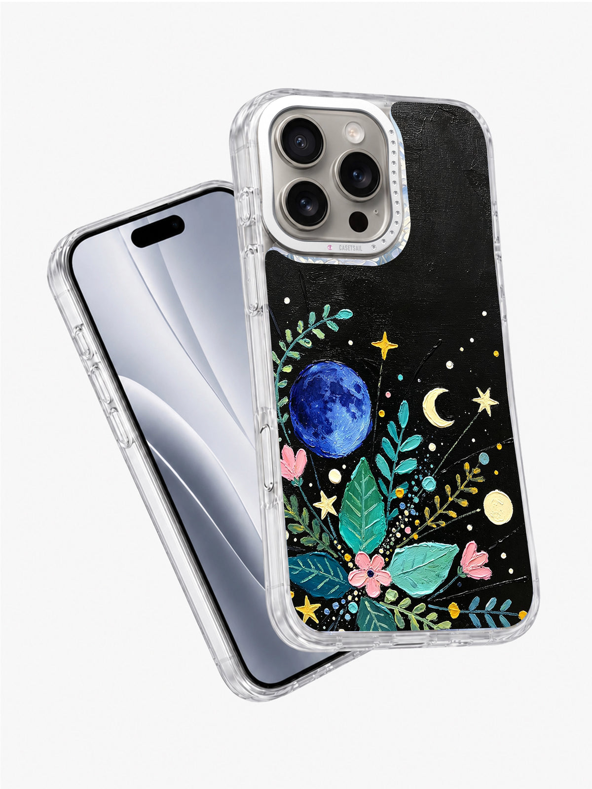 Moon garden art iPhone 16 Pro case angled view