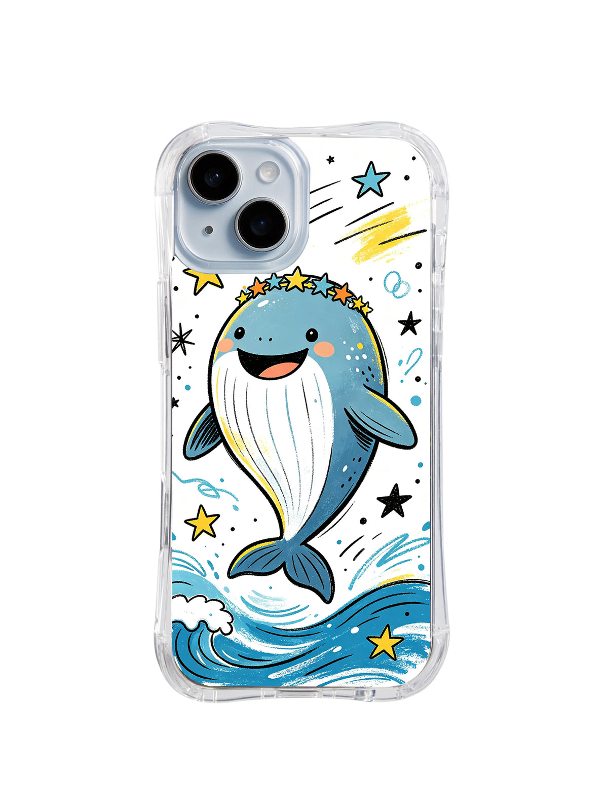 Star Crown Whale: A smiling upright whale wears a crown of small stars above ocean waves.