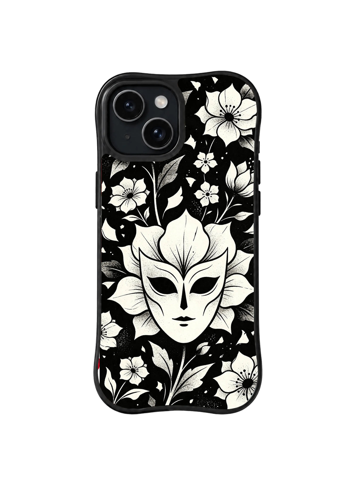 Ivory Mask Blossom gothic flower face artwork on iPhone 15 Plus case
