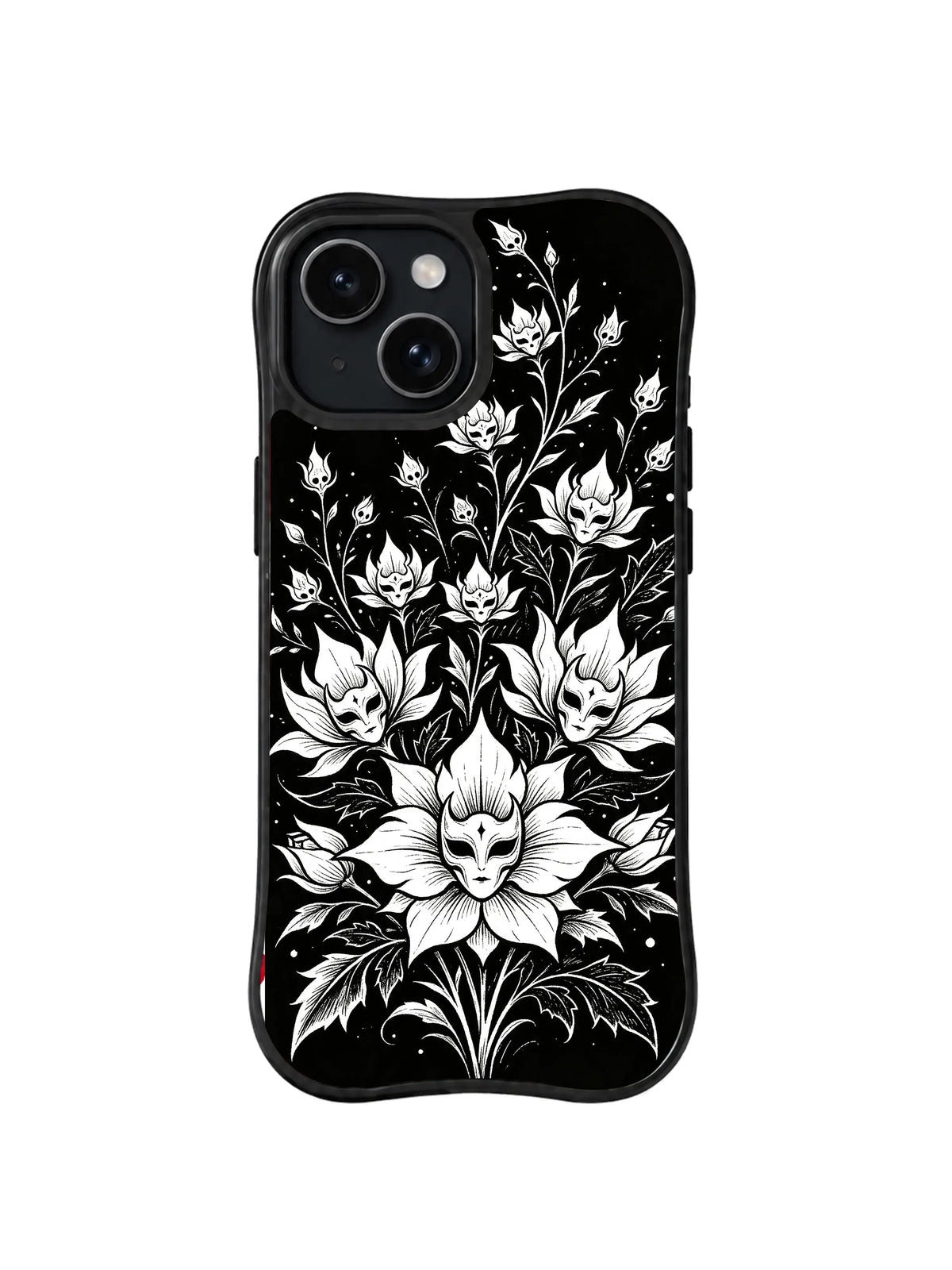 Midnight Phantom Bouquet monochrome gothic floral artwork on iPhone 15 Plus case