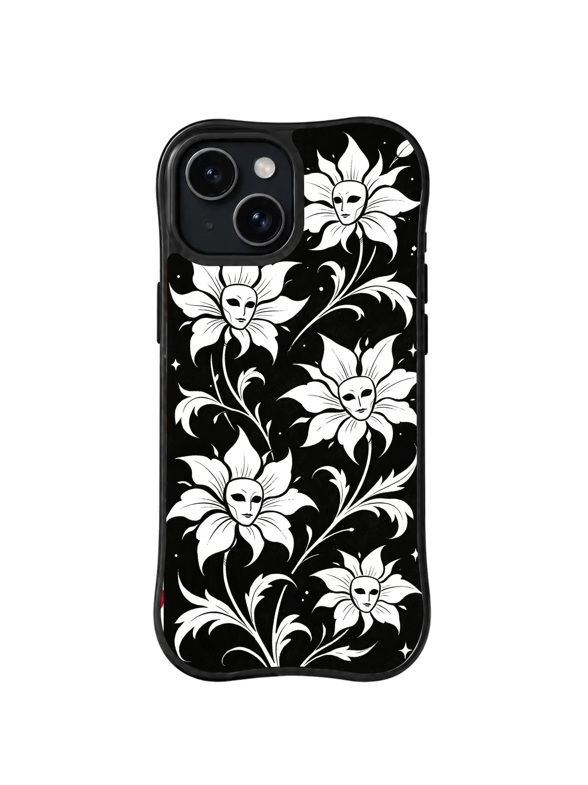Starlit Spirit Vine black and white phantom flower artwork on iPhone 15 Plus case