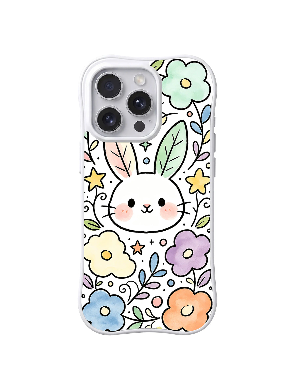 Starlit Bunny Bloom Garden: A white rabbit peeks through blue, purple and orange flowers with yellow stars.