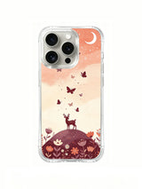 Starlit Butterfly Hill: A small burgundy deer on a flowered hill beneath a rising butterfly trail and white crescent.