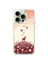 Starlit Butterfly Hill / Starfall Butterfly Deer: A larger spotted deer on a rounded burgundy hill, with butterflies and small stars in a peach sky.