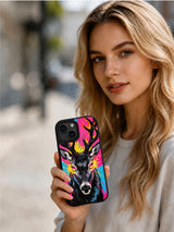 Colorful stag art iPhone 15 Plus case lifestyle view