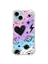 Cosmic Heart Pulse: A scribbled black heart sits among planets, an eye, lightning and stars over lavender and blue.