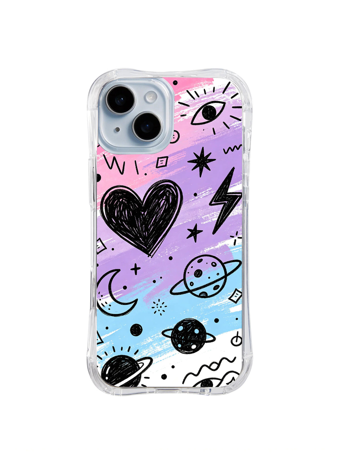 Cosmic Heart Pulse: A scribbled black heart sits among planets, an eye, lightning and stars over lavender and blue.