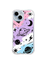 Lavender Orbit Dream: Black and lavender planets, crescent moon, eye and stars float through pink, cream and blue fields.