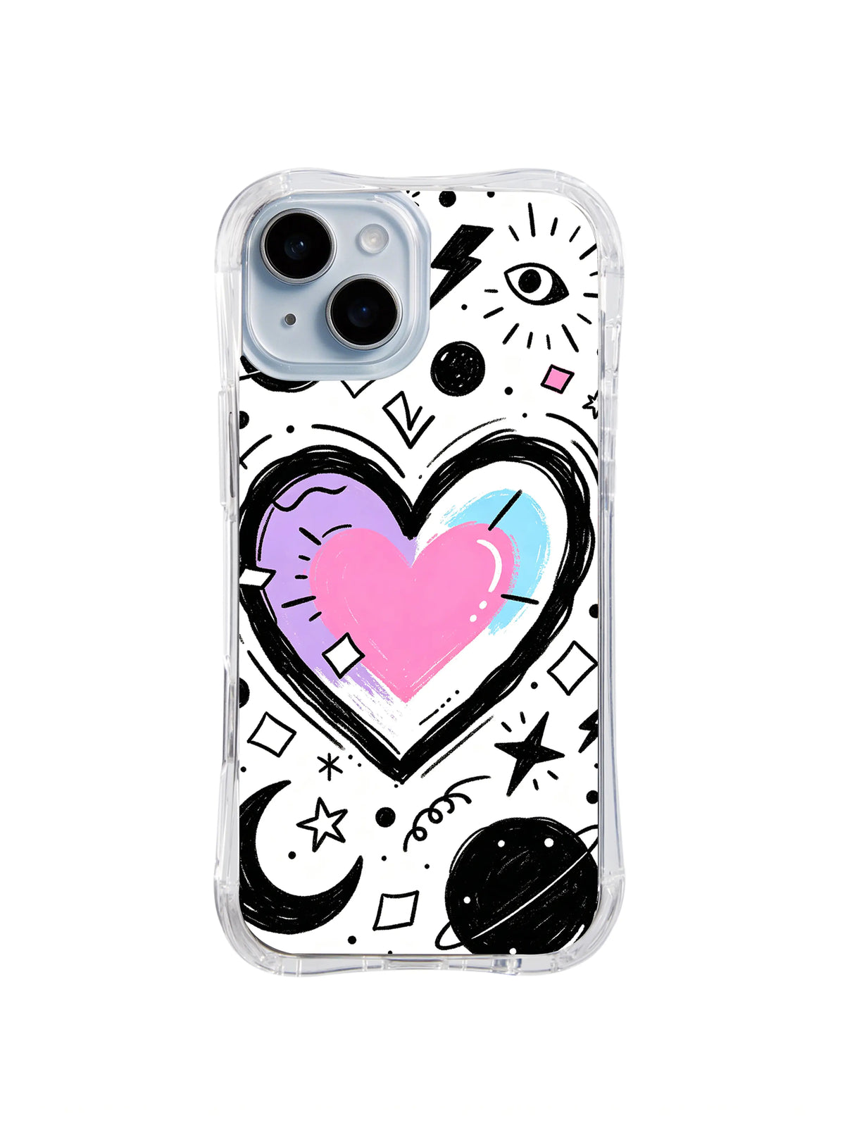 Starlit Love Core: A large pink heart inside black outlines is surrounded by moons, planets, stars and geometric marks.
