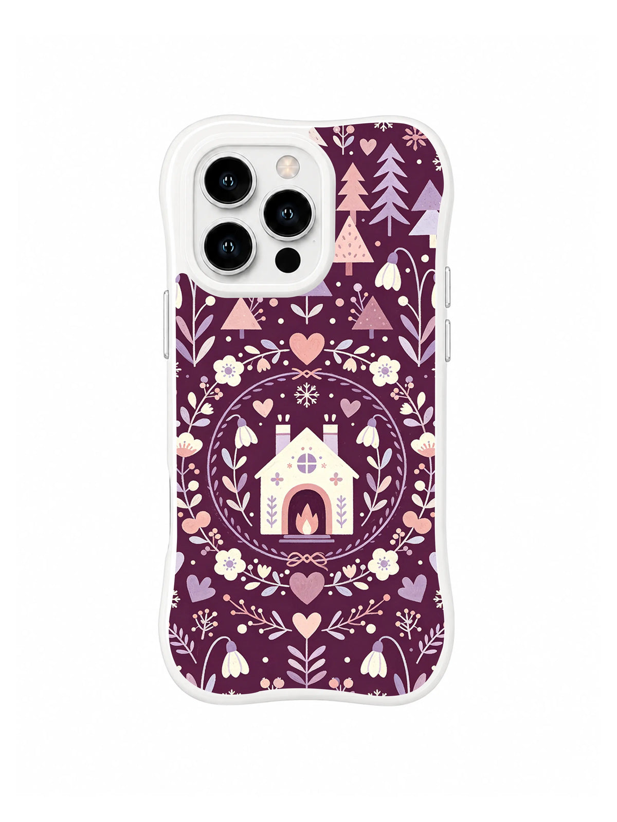 Starlit Tree Cottage folk art iPhone 13 Pro case with evergreen silhouettes and a floral ring