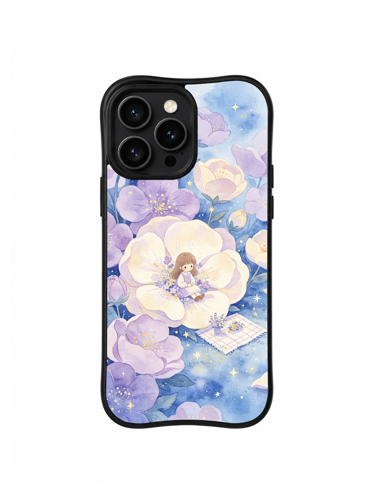 Starry Flower Picnic: Büyük krem çiçeğin içinde figür ve yanında küçük piknik düzeni.