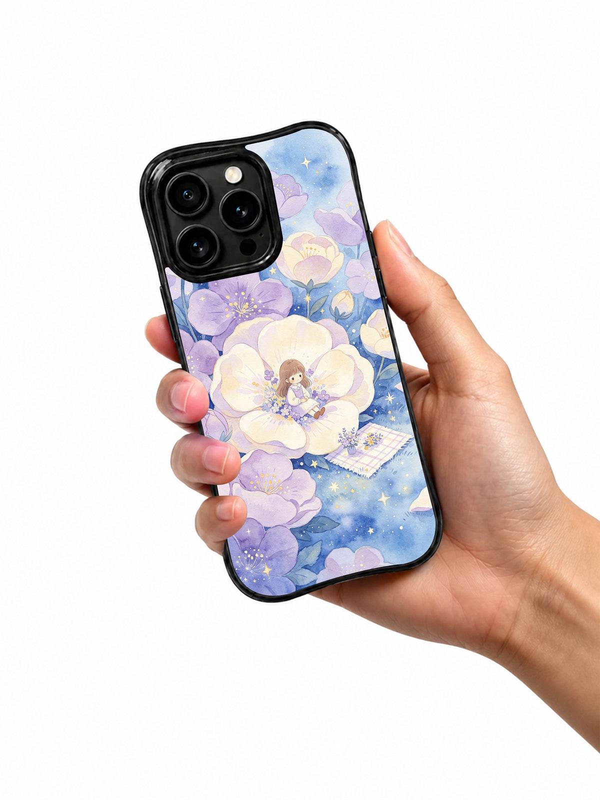 Starry Flower Picnic: Desenli arkası dışarı bakacak şekilde kılıfı tutan el.