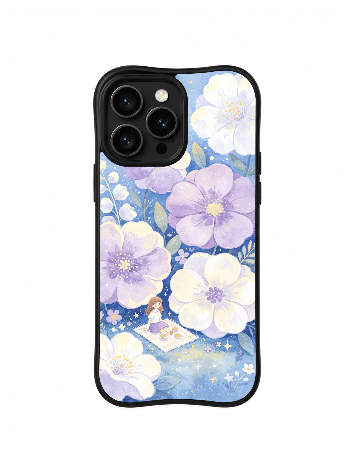 Starry Flower Picnic / Starlit Blossom Picnic: Büyük krem ve lavanta çiçeklerinin altında desenli piknik örtüsünde küçük figür.