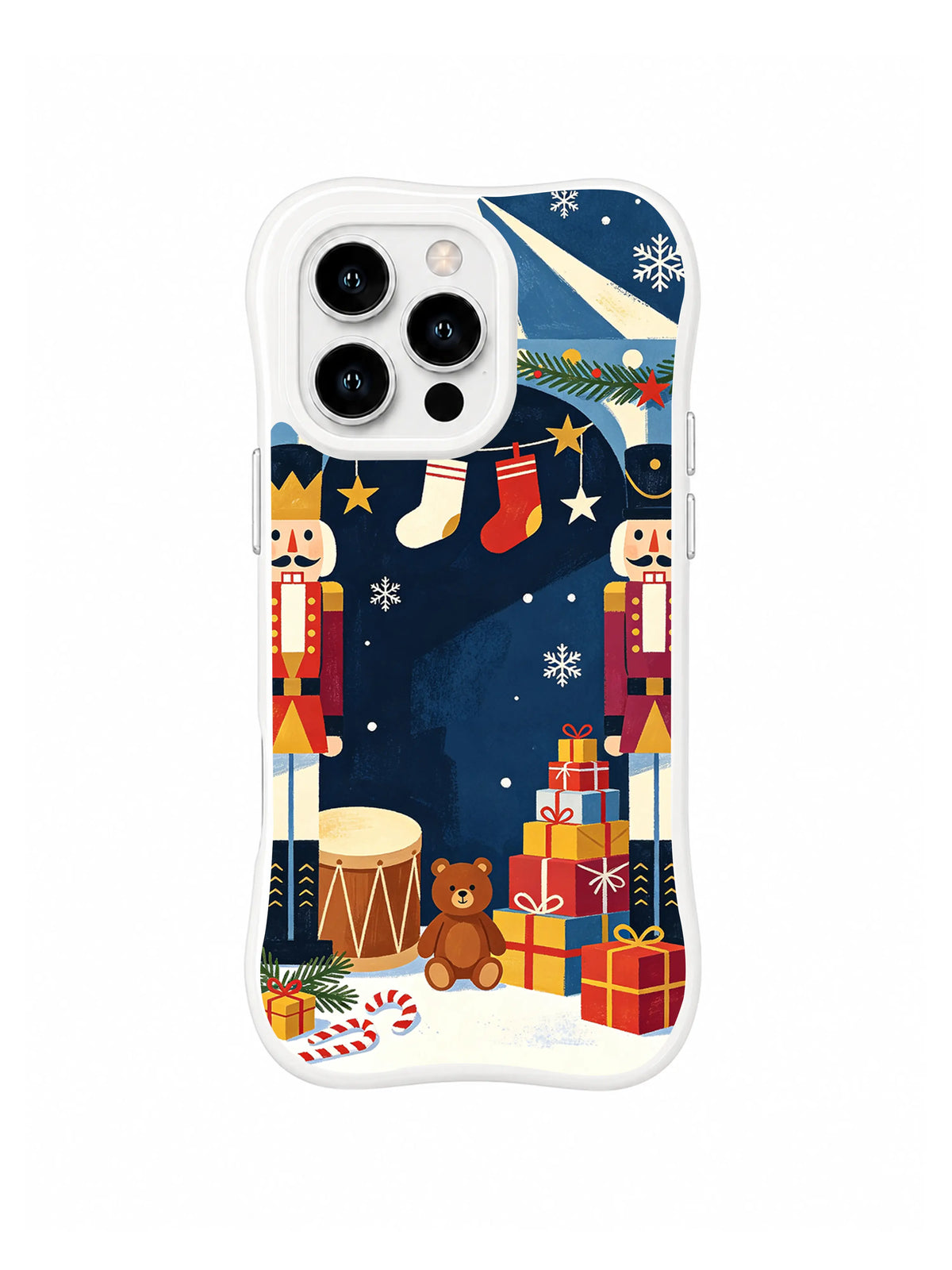 Nutcracker figures and colorful Christmas parcels beneath a starry sky on an iPhone 15 Pro case