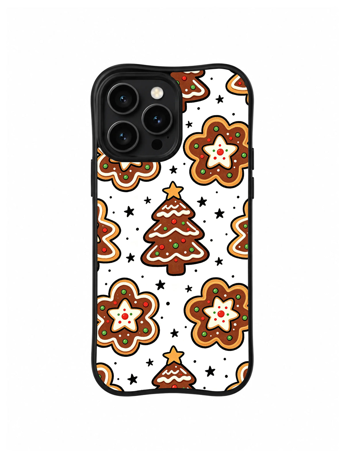 Starry Noel Cookies Christmas / Gingerbread Star Bloom: Flower-shaped brown cookies, iced trees and small black stars.