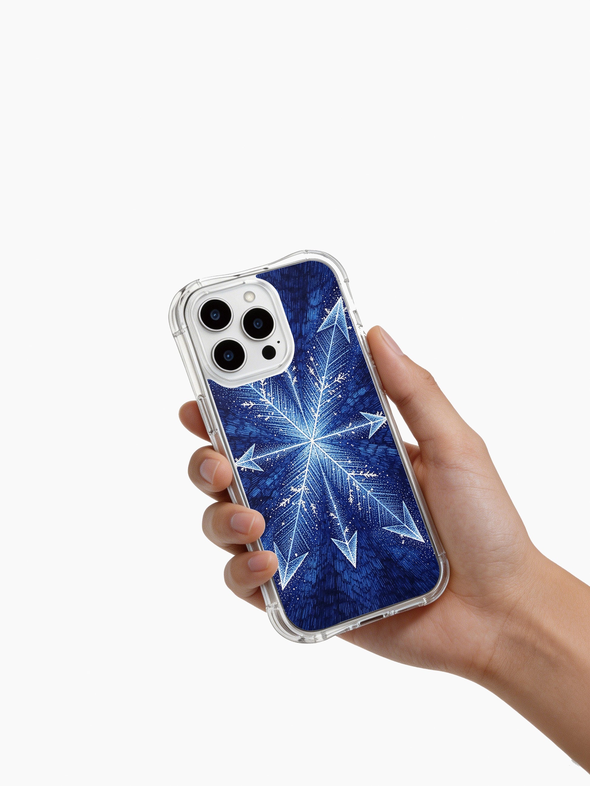PhoneCasing iPhone 14 Pro Max Case with stippled indigo geometric details, premium clear protective shell with winter-inspired motifs.
