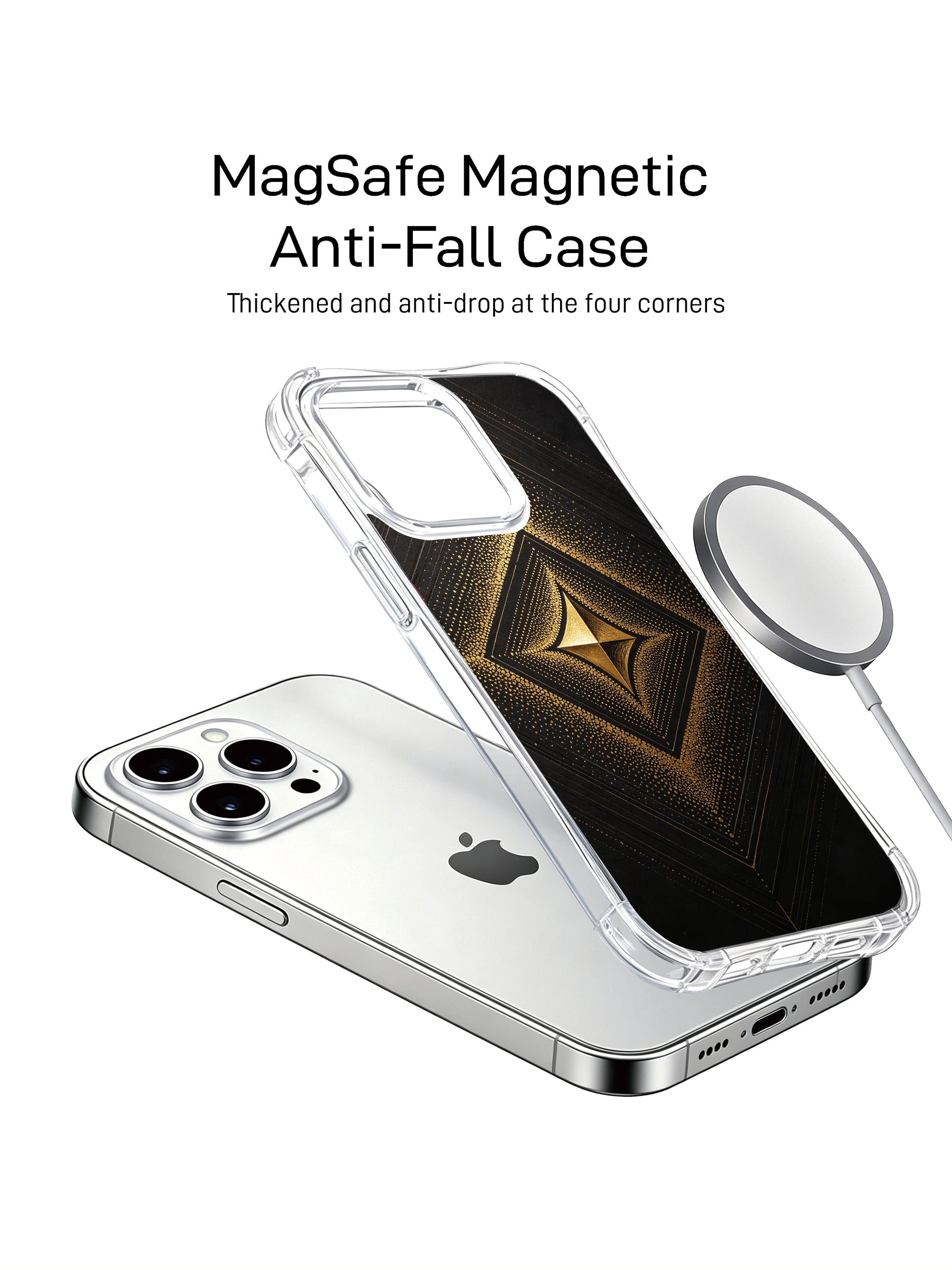  PhoneCasing iPhone 14 Pro Max Case featuring stippled obsidian and gold design, premium clear case with abstract geometric tribal accents.