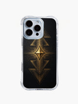  PhoneCasing iPhone 14 Pro Max Case with stippled tribal arrow pattern, transparent shockproof case with luxe black and gold tones.