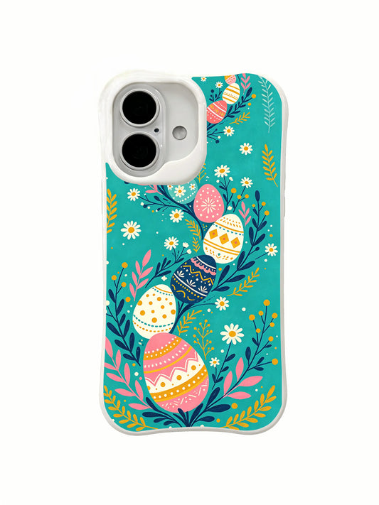 Storybook Easter Path / Garden Egg Trail: Decorated pink, cream and navy eggs in a curving trail among daisies and leafy branches.