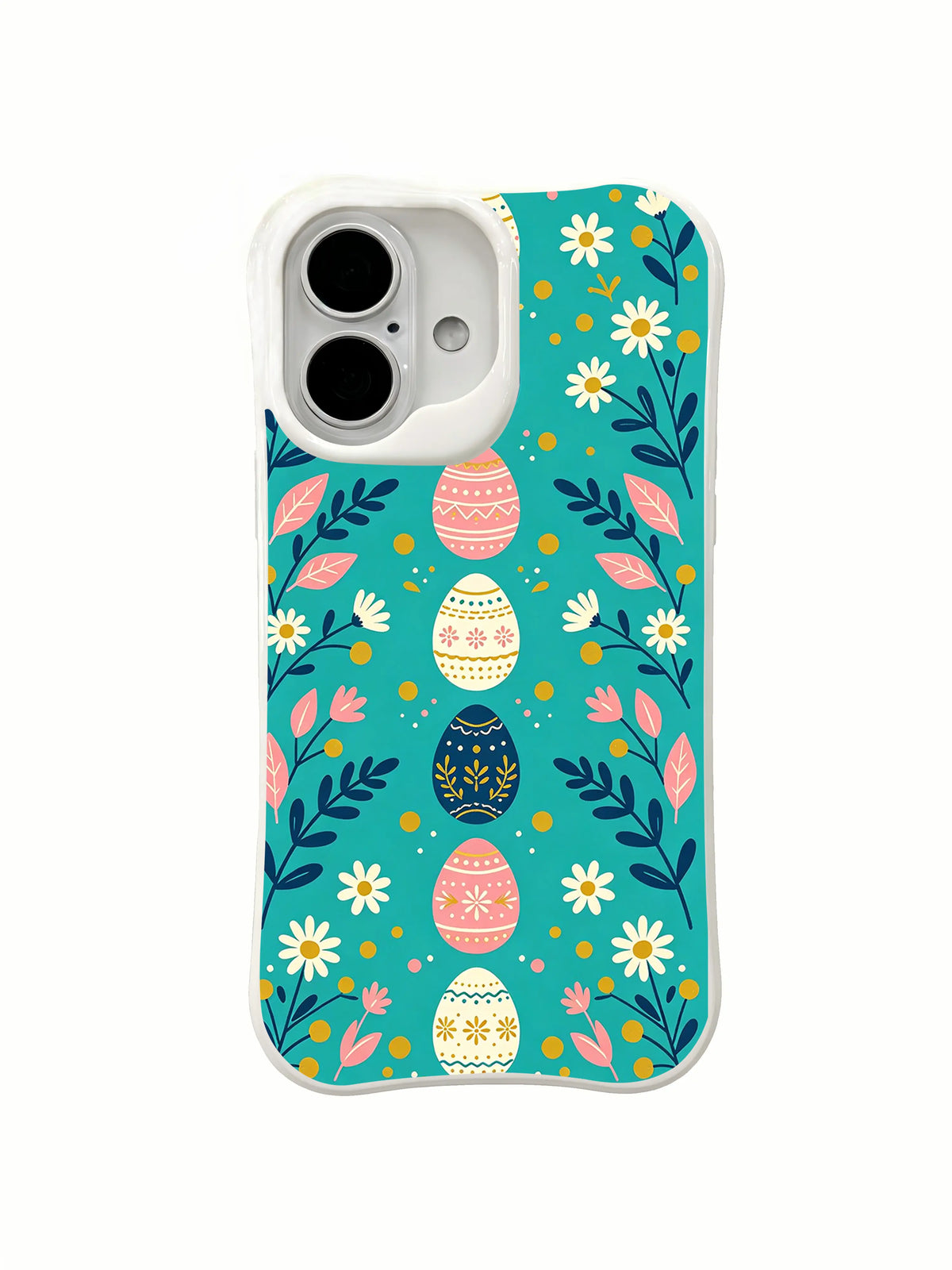 Storybook Easter Path / Vertical Egg Meadow: A vertical row of pink, cream and navy eggs between mirrored leafy stems and yellow daisies.