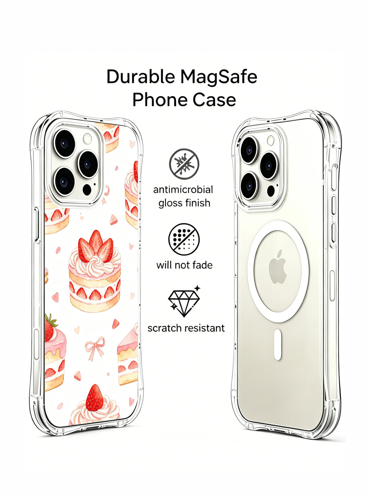 Strawberry Cake Birthday Party: Illustrated rear case beside a second rear phone view.