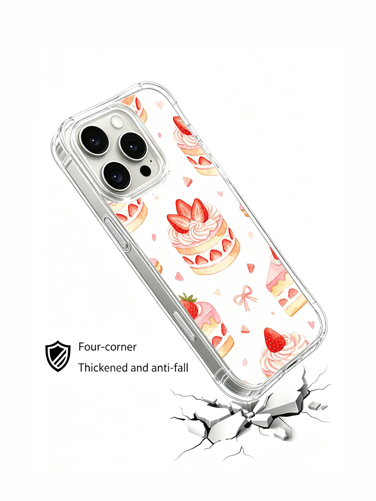 Strawberry Cake Birthday Party: Angled illustrated case above a drawn cracked surface.
