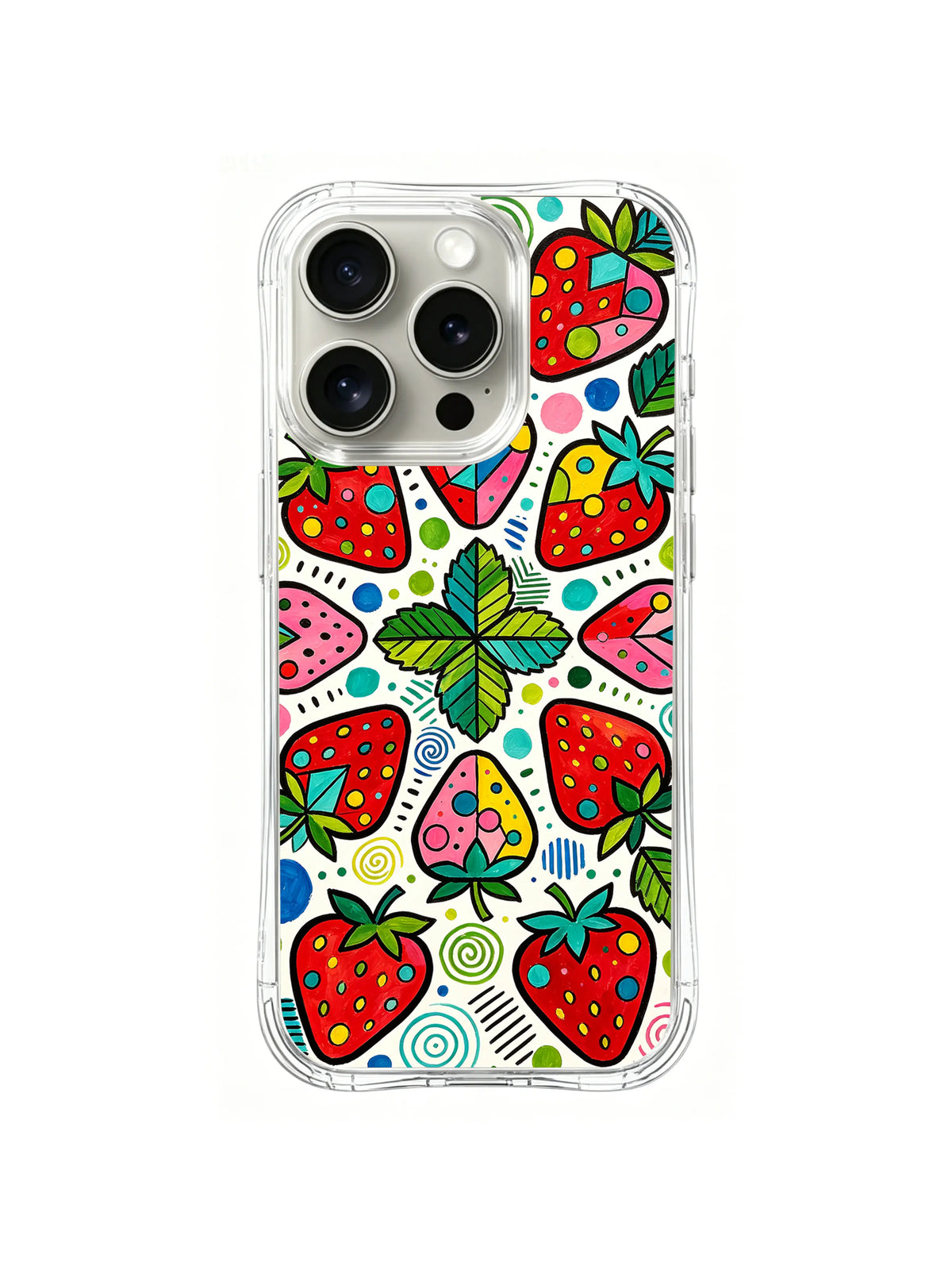 Strawberry Mandala Garden: Strawberries and leaves repeat around a centered green cross-like flower.