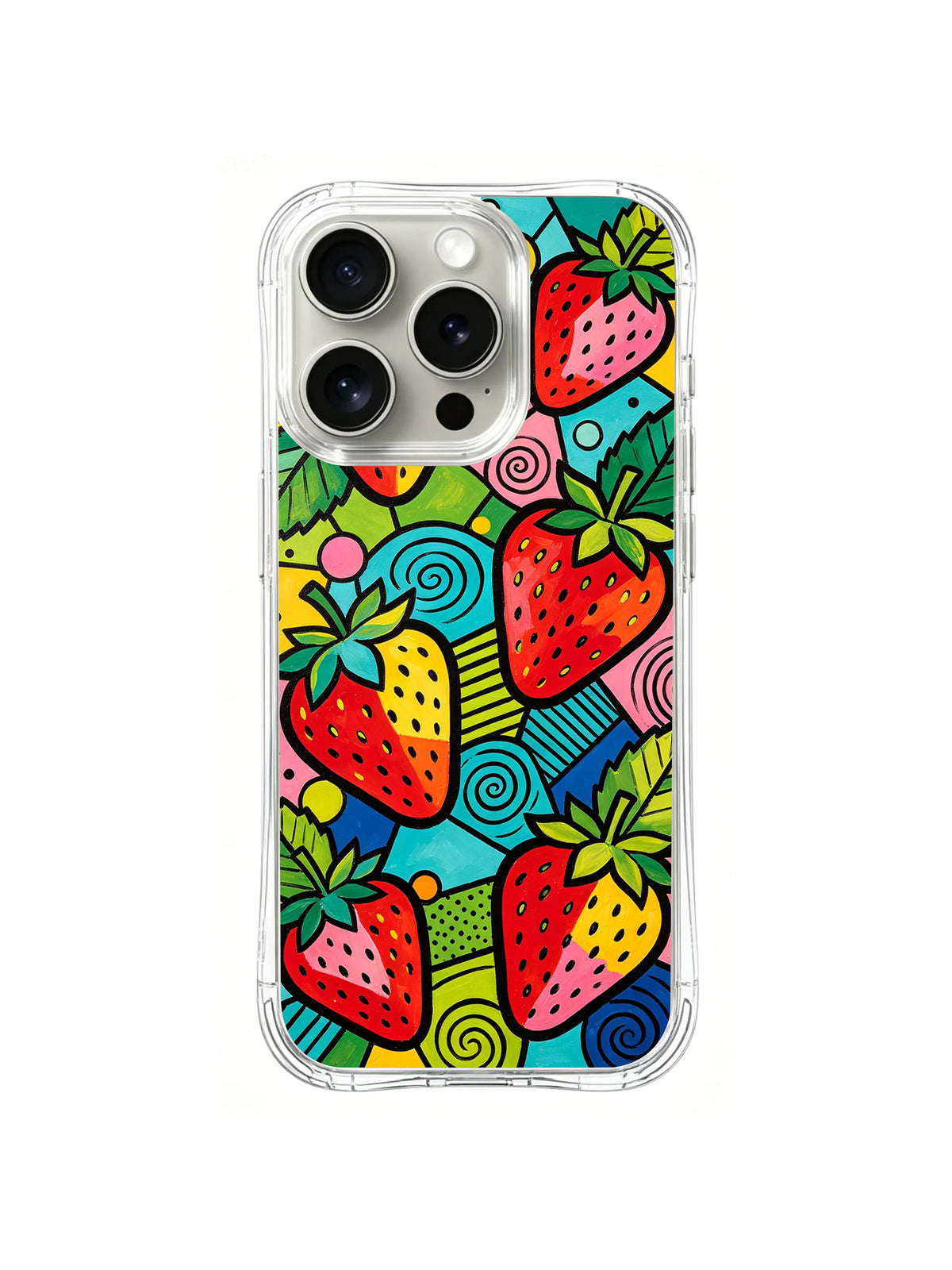 Pop Art Berry Patch: Large red and yellow strawberries overlap bold blue, green and pink patterns.
