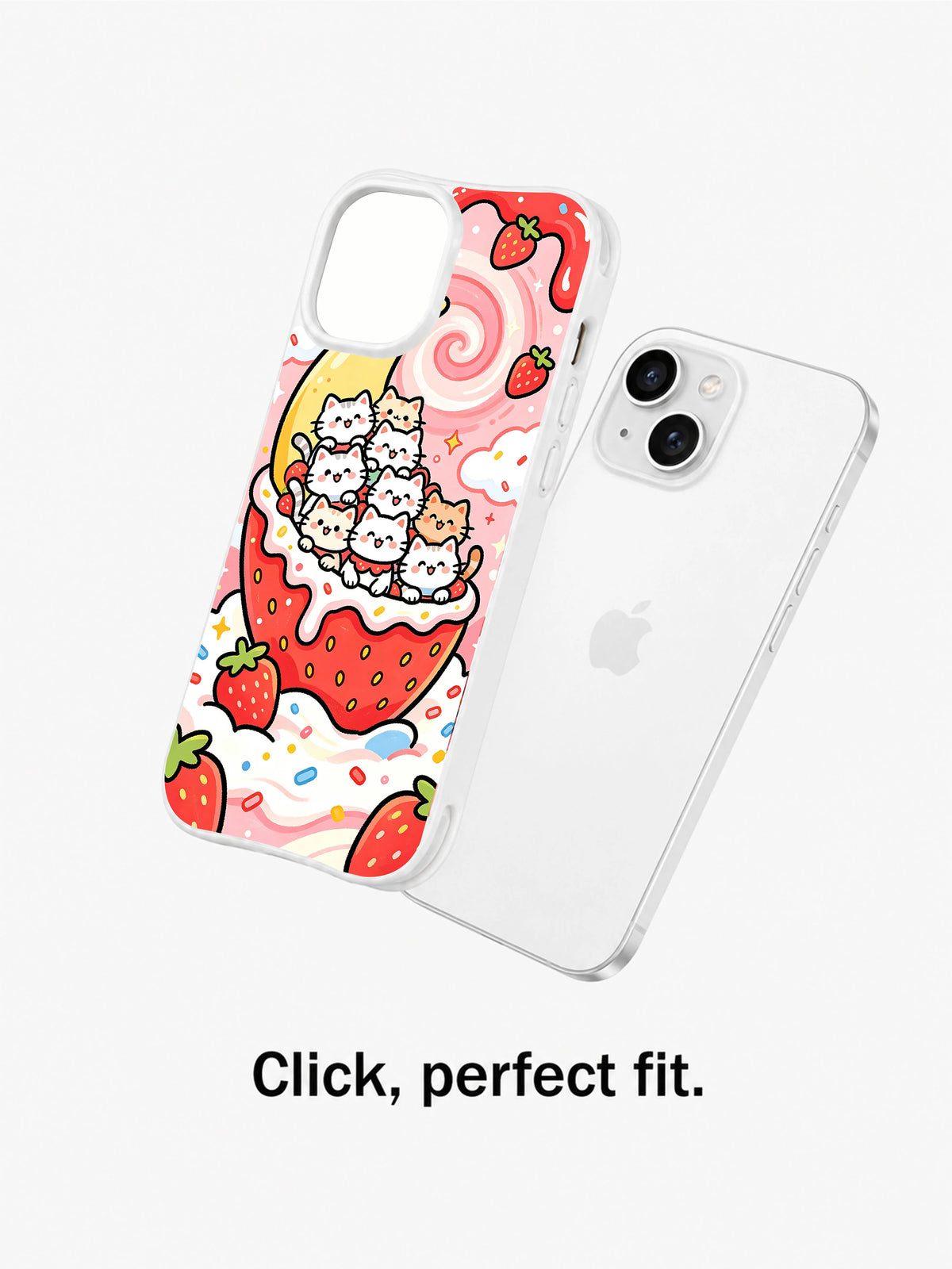 Whimsical berry dessert cat iPhone 15 case lifestyle view