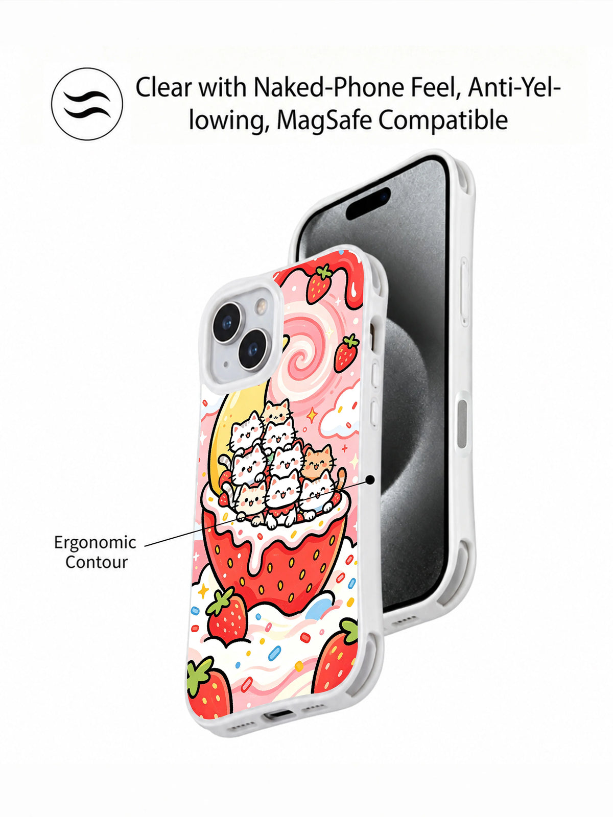 Artist-designed strawberry kitten iPhone 15 case detail