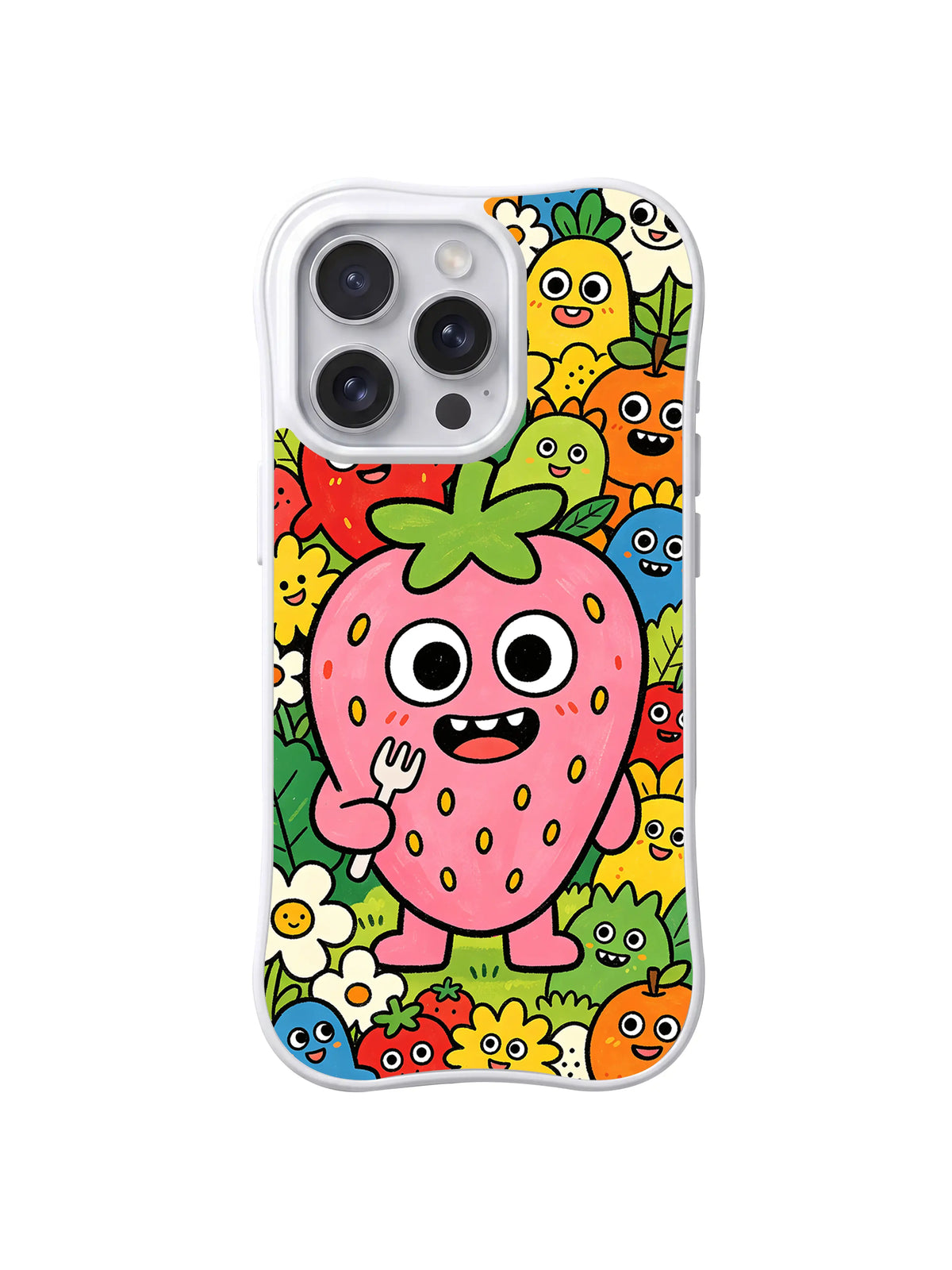 Pink Berry Friend character surrounded by cheerful fruit creatures on an iPhone 13 Pro case