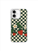 Berry Meadow Arch red strawberries and leaves on fine checkerboard iPhone 17 case